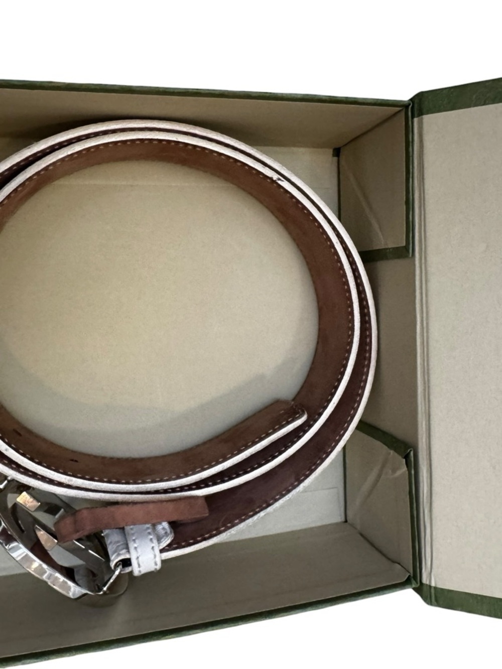 Gucci Cream Monogram Canvas Belt with Silver Double G Buckle - Picture 9 of 11